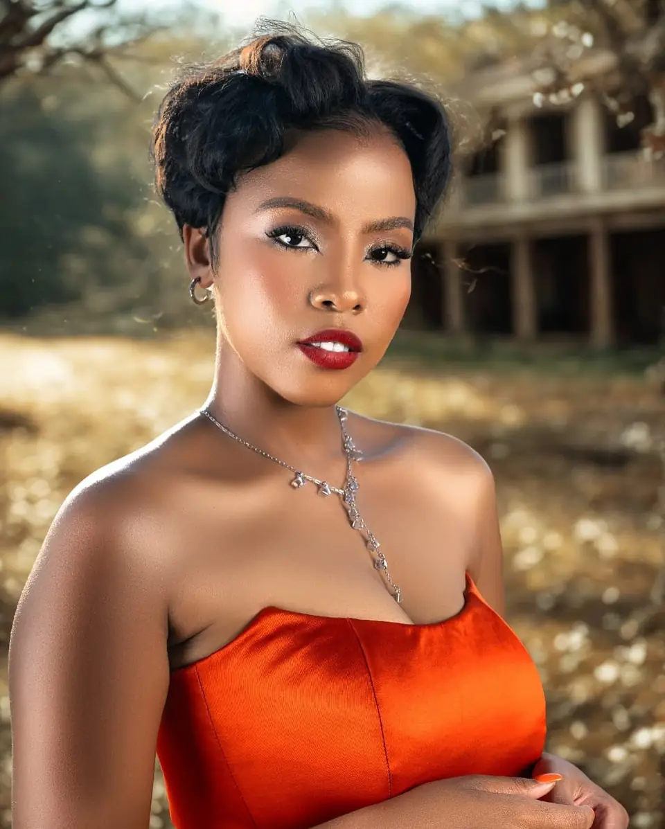 Strapless burnt-orange satin dress at golden hour
