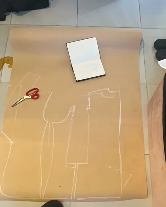 Chalk pattern pieces drawn on brown paper, with scissors