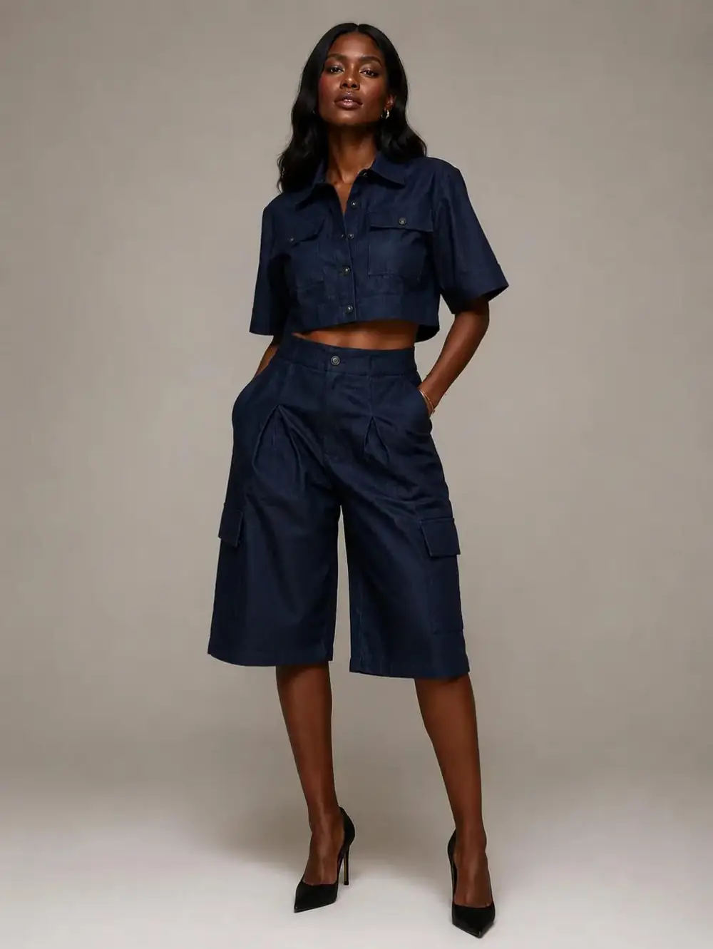 Cropped denim jacket and wide-leg cargo shorts